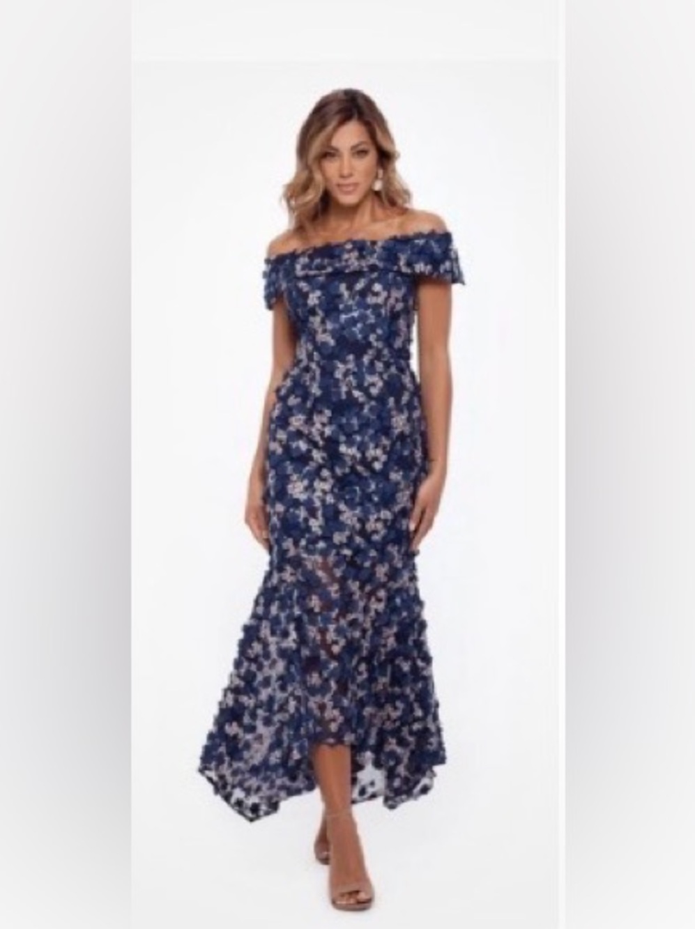 Xscape Off the shoulder 3D Floral Midi Dress Navy Size 14
